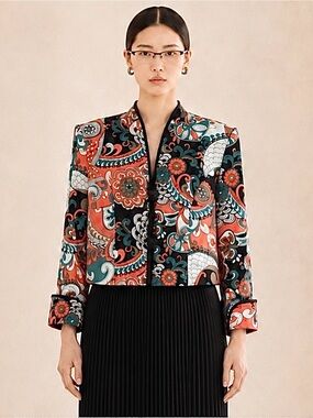 JS Collections Vintage 90s Japanese Print Silk Jacket Statement Sz 16